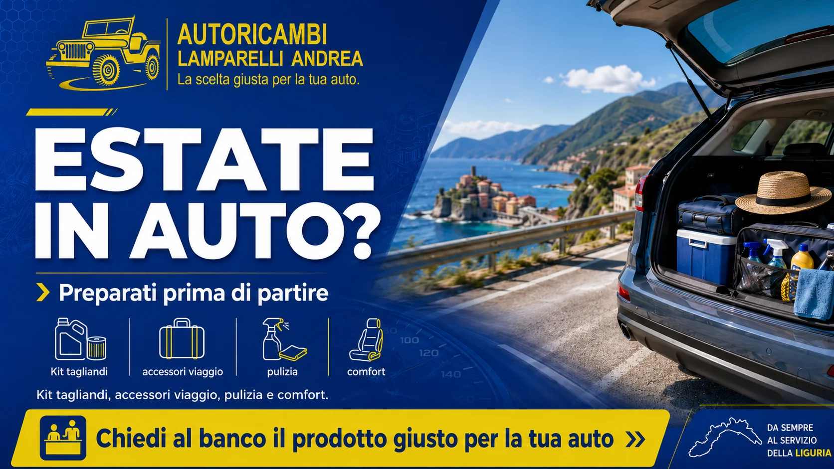 Estate in auto, kit tagliando, accessori viaggio, pulizia e comfort - Autoricambi Lamparelli Andrea Savignone