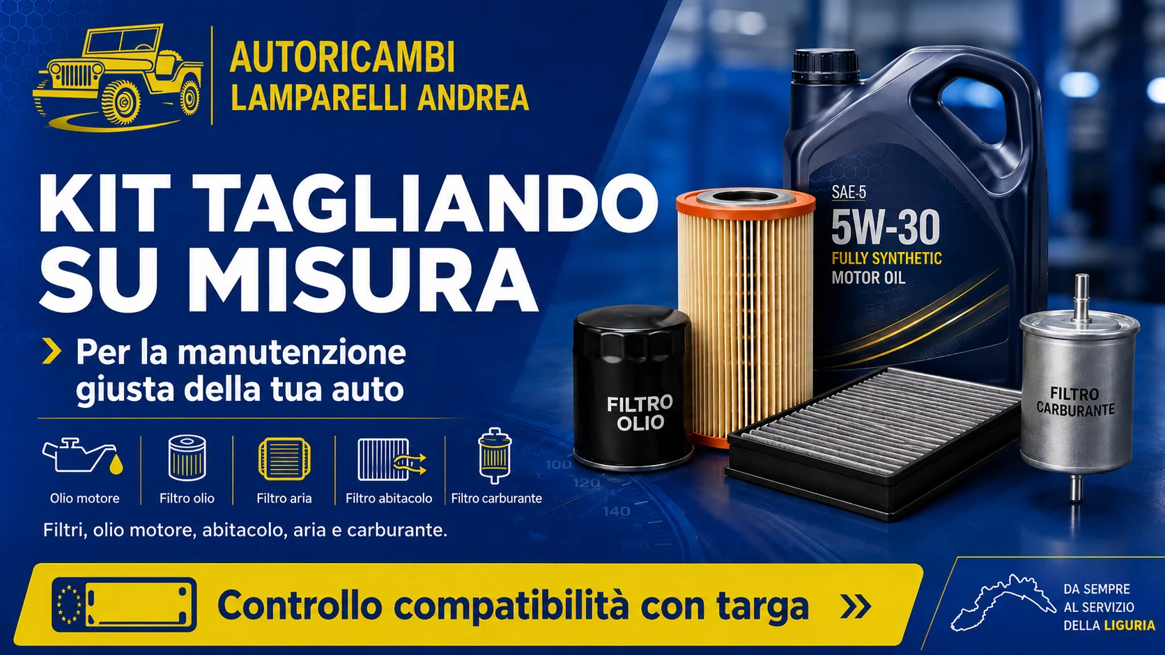 Kit tagliando su misura con olio e filtri, controllo compatibilità con targa - Autoricambi Lamparelli Andrea