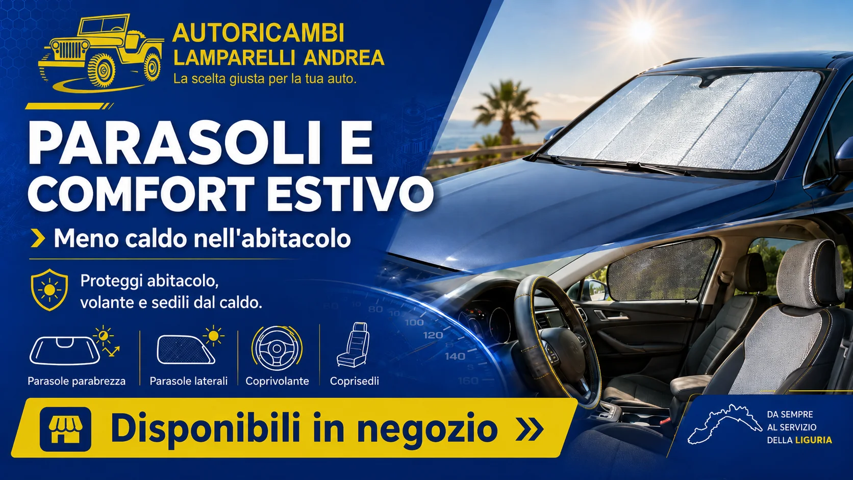 Parasoli e comfort estivo per auto, protezione abitacolo volante e sedili